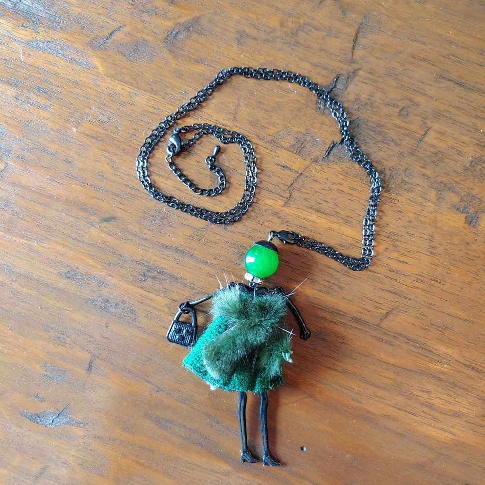 Black and Green Doll Necklace 15" Long From Italy